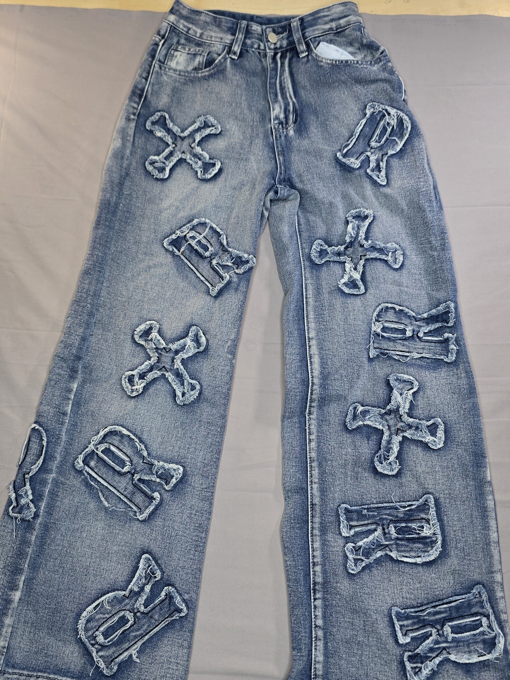 Women's Distressed Patchwork Jeans Size 26 XS Blue Denim Straight Wide Leg Y2K